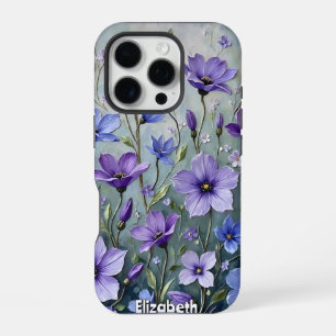 Coque iPhone 16 Pro Peinture florale texturée en blues