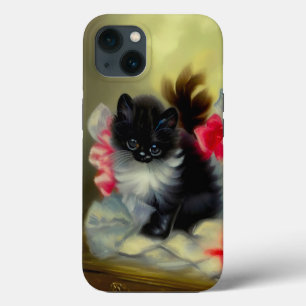 Etui iPhone 13 Peinture vintage de chaton noir et blanc
