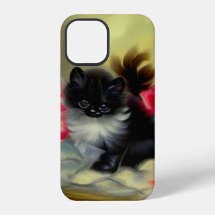 Coque iPhone 12 Peinture vintage de chaton noir et blanc