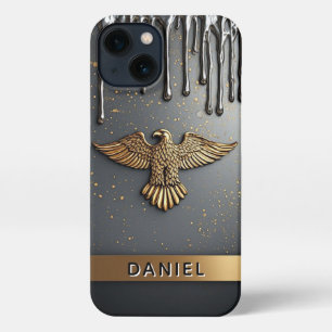 Etui iPhone 13 Pendentif Aigle Doré Ruisselant de Métal Liquide 