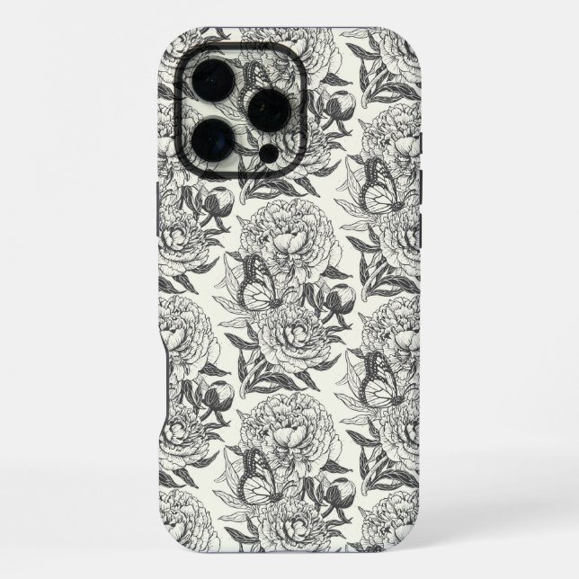Coque iPhone Peonies et papillons bloquent l'impression, noir e (Verso)