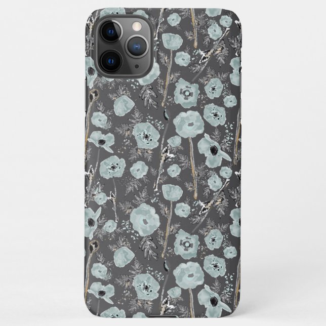 Coque iPhone Pépites Gris Bleu Noir Aquarelle Fleurs (Dos)