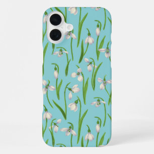 Coque iPhone 16 Plus Perce-neige sur fond bleu piscine