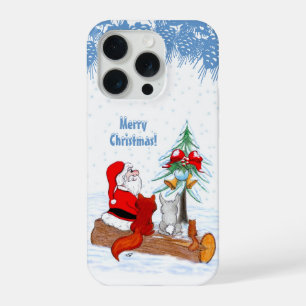 Coque iPhone 15 Pro Père Noël avec Lapin Renard et Écureuil