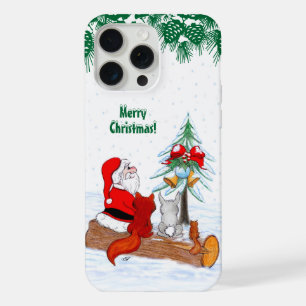 Coque iPhone 15 Pro Max Père Noël avec Renard de lapin et écureuil