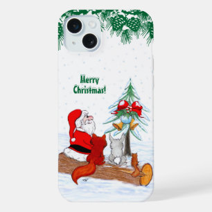 Coque iPhone 15 Plus Père Noël avec Renard de lapin et écureuil