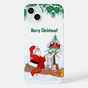 Coque iPhone 15 Plus Père Noël avec Renard de lapin et écureuil