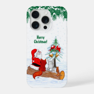 Coque iPhone 15 Pro Père Noël avec Renard de lapin et écureuil