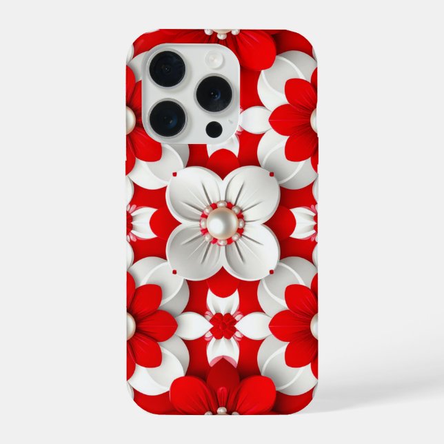 Coque iPhone Perle Luxe Fleur Rouge Vibrante Blanc (Verso)