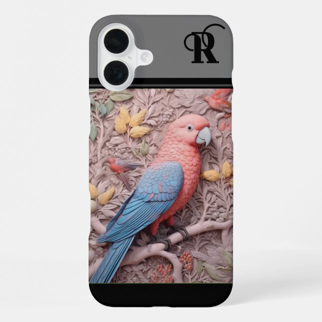Coque iPhone Perroquet et fleurs 3D modernes monogramés (Verso)