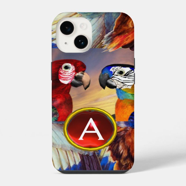 COQUE iPhone PERROQUETS HYPER /ARA ROUGE ET BLEU MONOGRAMME EN  (Verso)