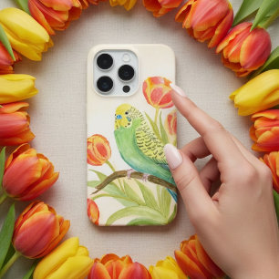 Coque iPhone 15 Pro Perruche aux Tulipes