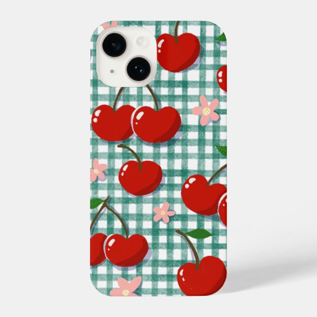 Coque iPhone Personalized Cherry on Green Gingham Phone Case –  (Verso)