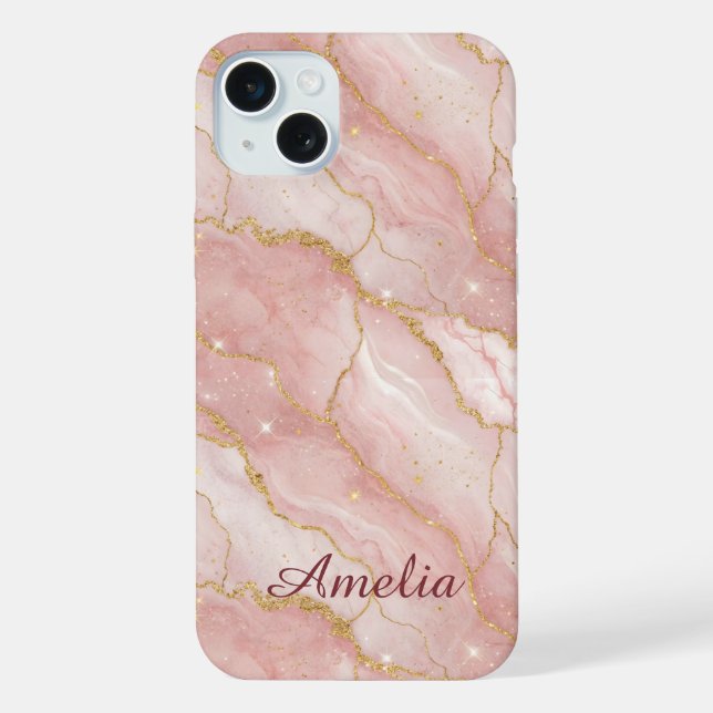 Coque iPhone Personalized Modern Rose Quartz Marble Gold (Verso)