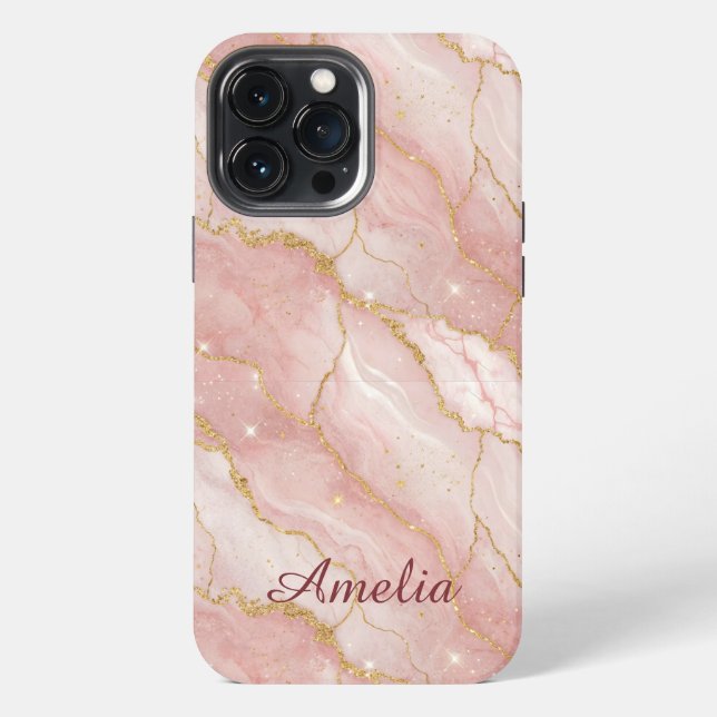 Coque iPhone Personalized Modern Rose Quartz Marble Gold (Verso)
