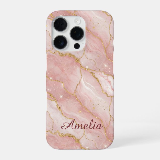 Coque iPhone Personalized Modern Rose Quartz Marble Gold (Verso)