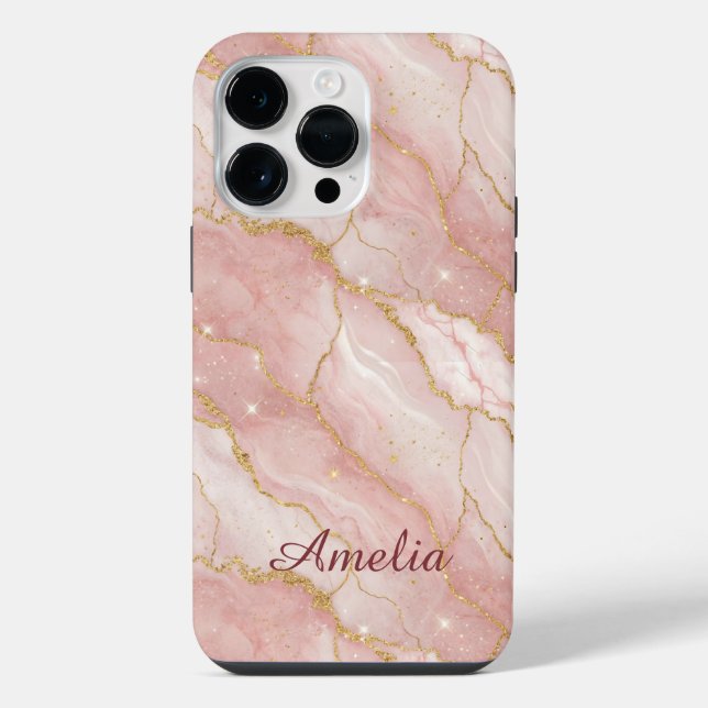 Coque iPhone Personalized Modern Rose Quartz Marble Gold (Verso)