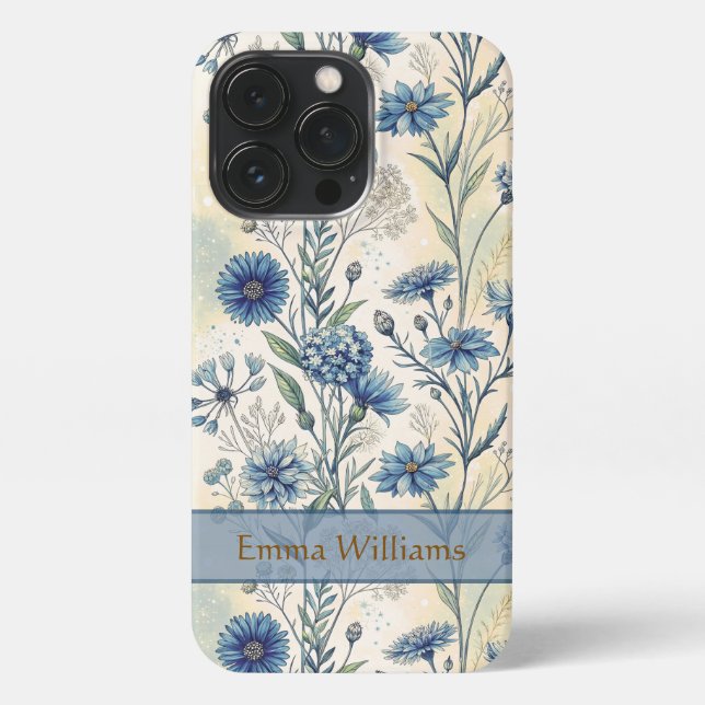 Coque iPhone Personalized Name Blue Wildflowers (Verso)