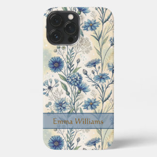 Etui iPhone 13 Pro Max Personalized Name Blue Wildflowers