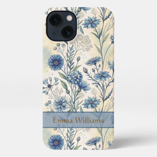 Coque iPhone Personalized Name Blue Wildflowers (Verso)
