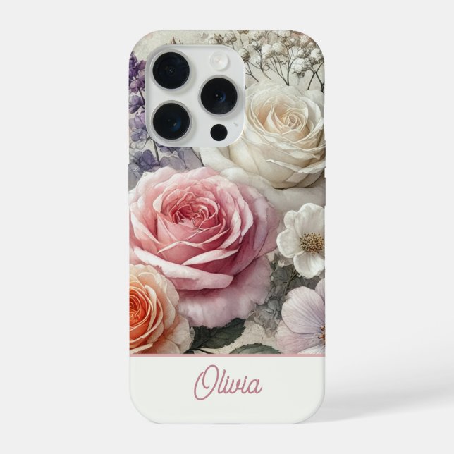 Coque iPhone Personalized Phone Case Pink Watercolor Floral (Verso)