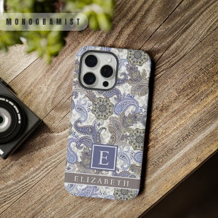 Coque iPhone 15 Pro Max Personnalisable bleu violet gris blanc Paisley