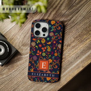 Coque iPhone 15 Pro Max Personnalisable Dark Navy Blue Orange Paisley Moti