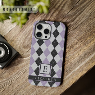Coque iPhone 15 Pro Max Personnalisable doux lavande violet noir Argyle