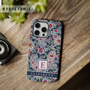 Coque iPhone 15 Pro Max Personnalisable Motif Blanc Bleu Rouge Paisley