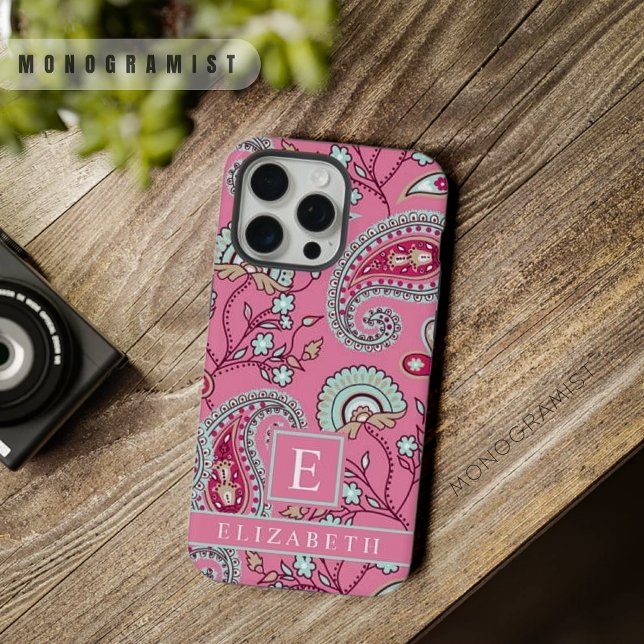 Coque iPhone Personnalisable Motif Paisley Bleu Rose (Customizable Pink Blue White Paisley Pattern iPhone Case)