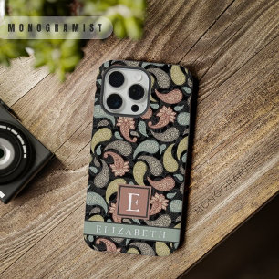 Coque iPhone 15 Pro Max Personnalisable noir jaune bleu rose paisley