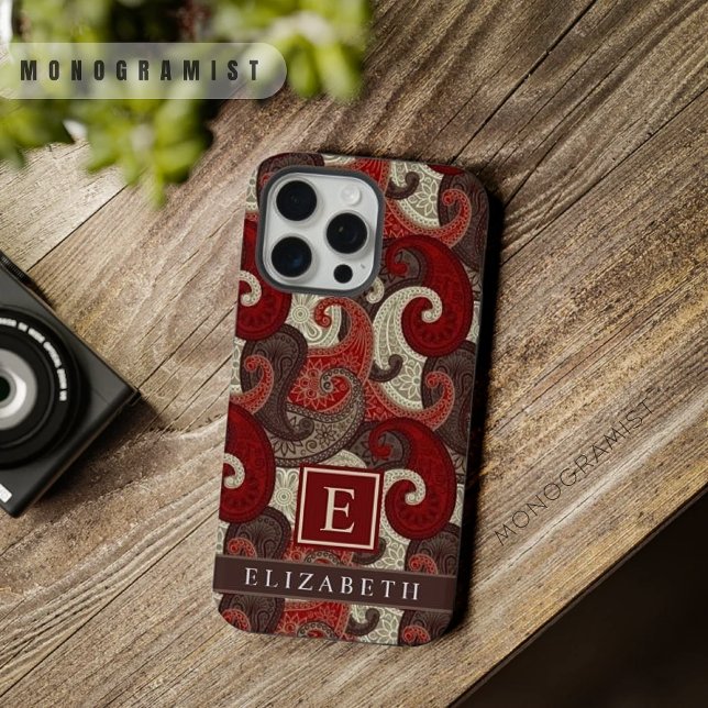 Coque iPhone Personnalisable Red White Grey Brown Paisley Motif (Customizable Red White Grey Brown Paisley Pattern iPhone Case)
