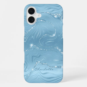 Coque iPhone 16 Plus Personnalisé Chic Bleu Parties scintillant Motif F