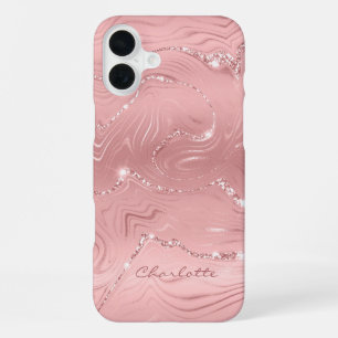 Coque iPhone 16 Plus Personnalisé Chic rose Parties scintillant argent