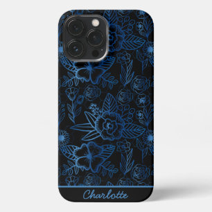 Etui iPhone 13 Pro Max Personnalisé floral continu motif bleu noir i