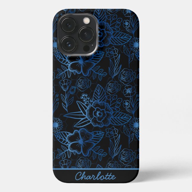 Coque iPhone Personnalisé floral continu motif bleu noir i (Verso)