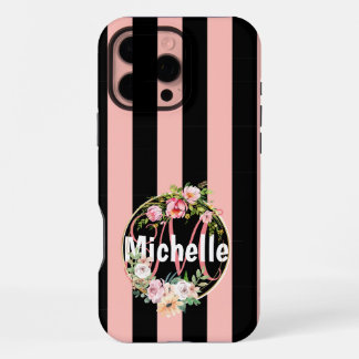 Coque iPhone 16 Pro Max Personnalisé Noir Rose Rayé Floral Nom Personnalis