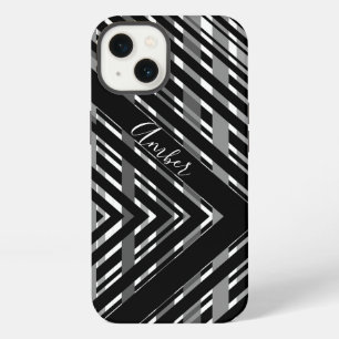 Etui iPhone 13 Personnalisé rayé code-barres chevron gris noir