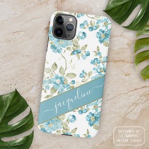 Coque iPhone 15 Pro Max Personnalisé Turquoise Aqua Blue Sage Green Flower