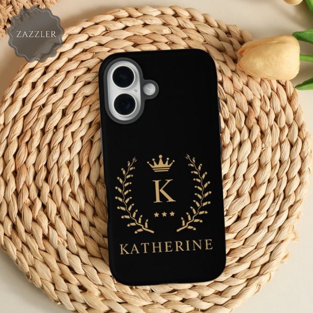 Coque iPhone Personnaliser Nom & Initial Noir Blanc Or Monogram (Customize Name & Initial Black White Gold Monogram Case-Mate iPhone Case)