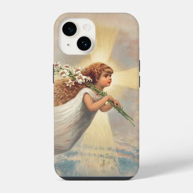 Coque iPhone Petit ange bébé tenant des lys (Verso)