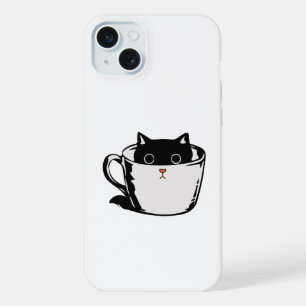 Coque iPhone 15 Plus Petit chat noir avec un nez rouge se cachant dans