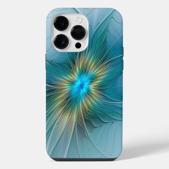 Coque iPhone Petite Beauté Moderne Fleur d'Art Fractal Bleu Or (Verso)