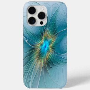 Coque iPhone 15 Pro Max Petite Beauté Moderne Fleur d'Art Fractal Bleu Or