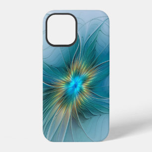 Coque iPhone 12 Petite Beauté Moderne Fleur d'Art Fractal Bleu Or