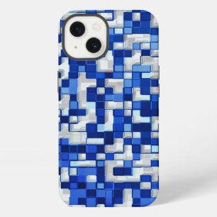Etui iPhone 13 Petits carrés se chevauchent, nuances de bleu avec