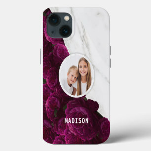 Etui iPhone 13 Photo Chic Moderne Fleur Violet Marbre Nom Personn