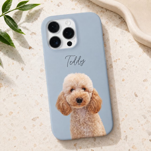 Coque iPhone Photo de chien moderne bleu poussiéreux et nom de  (Créateur téléchargé)