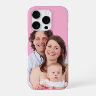 Coque iPhone 16 Pro Photo de famille personnalisée rose avec nom perso