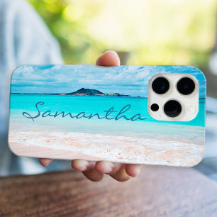 Coque iPhone 16 Pro Max Photo de plage de sable bleu océan Hawaï nom perso